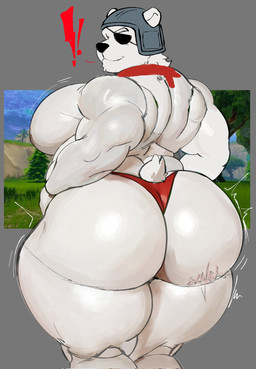 anthro armor back_muscles big_butt big_muscles big_pecs black_nose butt clothed clothing exclamation_point eye_patch eyebrows eyewear fur hands_on_hips headgear headgear_only helmet helmet_only male mouth_closed muscular muscular_anthro muscular_male pecs rear_view red_clothing red_scarf red_thong red_underwear scarf small_tail solo tail thick_thighs thong topless topless_anthro topless_male underwear white_body white_fur freeposers_(artist) epic_games fortnite polar_patroller bear mammal polar_bear ursine 2026 digital_drawing_(artwork) digital_media_(artwork) english_description hi_res