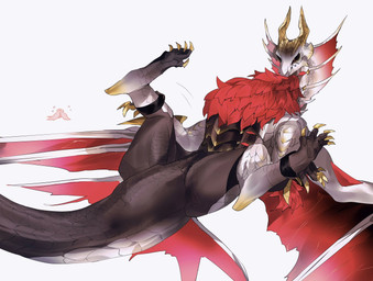 ambiguous_gender black_sclera claws duo emanata featureless_crotch feet feral grey_body grey_scales horn lying membrane_(anatomy) multicolored_body multicolored_scales on_back red_eyes scales simple_background tail tailbutt toe_claws toes white_background wings yellow_horn negativezm617 capcom monster_hunter elder_dragon malzeno qurio 2026 colored digital_drawing_(artwork) digital_media_(artwork) hi_res shaded