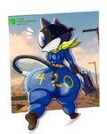 10mm 420_(number) 4:5 absurd_res atlus bandanna bethesda_game_studios big_butt black_body black_fur blue_eyes blue_jumpsuit blush blush_lines bodily_fluids bottom_heavy bouncing_butt bulge bulge_from_behind butt clothing cloud detailed_background domestic_cat fallout felid feline felis fur gameplay_mechanics glossy_body gui gun handgun health_bar hi_res holding_gun holding_handgun holding_object holding_pistol holding_ranged_weapon holding_weapon huge_butt jiggling_butt kerchief looking_back male mammal markings mask microsoft monana-yo1 morgana_(persona) onomatopoeia open_mouth outside persona_(series) persona_5 pistol ranged_weapon rear_view sega shocked short_stack skintight_suit small_waist solo sound_effects sunset sweat sweatdrop tail tail_markings text thick_thighs tight_clothing tuxedo_cat vault_boy vault_suit walking wasteland weapon white_body white_fur