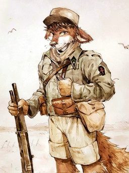 ambiguous_gender anthro black_nose bottomwear brown_body brown_fur brown_hair cheek_tuft clothed clothing ears_back facial_tuft fur glistening glistening_eyes glistening_nose green_clothing green_topwear group gun hair holding_gun holding_object holding_ranged_weapon holding_weapon looking_at_viewer male outside pivoted_ears ranged_weapon short_hair shorts sky smile solo_focus standing tan_bottomwear tan_clothing tan_shorts topwear tuft unsigned weapon white_body white_fur akatan_art ambient_bird ambient_flier avian bird canid canine mammal hi_res portrait three-quarter_portrait traditional_media_(artwork)