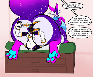 ankh anus big_butt blush butt butt_focus dialogue doctor_office duo feet flattened flattened_body flattening_fetish hindpaw looking_back male male/male offscreen_character pawpads paws puffy_anus text logtut cosmo_allstar canid canid_taur canine canine_taur fox fox_taur mammal mammal_taur taur english_text