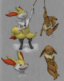 ambiguous_gender animal_genitalia animal_vulva anthro bdsm black_nose bodily_fluids bondage bound brown_body brown_eyes canine_genitalia canine_vulva captured cheek_tuft chest_tuft claws digitigrade dipstick_tail duo eyebrows eyes_closed facial_tuft female feral genitals head_tuft holding_knife holding_object inner_ear_fluff knife licking licking_lips looking_up markings multi_nipple multicolored_body muzzle_(object) muzzled neck_tuft nipples nude open_mouth restraints rope rope_bondage simple_background smile standing suspension sweat sweatdrop tail tail_markings tears teeth tongue tongue_out tuft two_tone_body upside_down vulva white_body yellow_body animew nintendo pokemon braixen eevee generation_1_pokemon generation_6_pokemon pokemon_(species) absurd_res hi_res