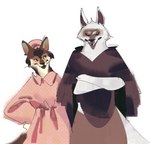 anthro bottomwear brown_body brown_fur clothing crossed_arms duo facial_markings fur gown hand_on_hip hat head_markings headgear headwear intraspecies looking_at_another male markings mask_(marking) nightcap nightgown pants poncho red_eyes simple_background standing white_background white_body white_fur sanppa_popo dreamworks puss_in_boots_(franchise) big_bad_wolf_(shrek) death_(puss_in_boots) canid canine canis mammal wolf