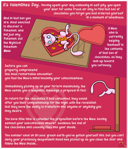 ambiguous_gender blue_eyes box_of_chocolates candy caught_in_the_act chocolate dessert door doormat feral food holidays long_tail looking_at_viewer looking_up looking_up_at_viewer pawpads paws pink_body pink_pawpads scenario simple_background solo tail text gau_(artist) nintendo pokemon valentine's_day generation_1_pokemon legendary_pokemon mew_(pokemon) pokemon_(species) absurd_res digital_media_(artwork) english_text hi_res story