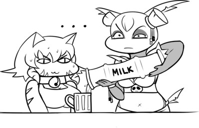 accessory anthro big_breasts blush breasts drunk duo female fur hair kemono looking_at_viewer milk substance_intoxication safurantora ankama dofus wakfu saffron_(safurantora) bear domestic_cat ecaflip felid feline felis giant_panda mammal pandawa digital_media_(artwork) low_res monochrome