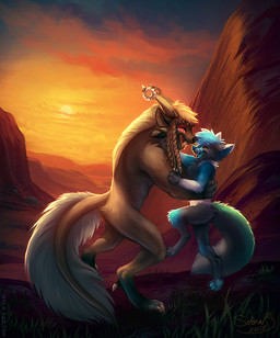 anthro backlighting blonde_hair blue_body blue_fur blue_hair duo eyes_closed fangs fluffy fluffy_tail fur grass green_body green_fur hair happy light male mountain nude open_mouth open_smile orange_body orange_fur outside plant short_hair side_view smile standing sunset tail teeth text white_body white_fur mylafox guild_wars canid charr felid mammal 2017 dated lighting signature url