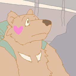 anthro backpack biped brown_body brown_fur brown_nose fur heart_(marking) heart_symbol kemono male markings solo leoponleopon bear mammal 1:1 2006 digital_media_(artwork) half-length_portrait low_res oekaki portrait
