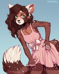 5_fingers anthro biped blue_background blush brown_hair clothed clothing crossdressing dress femboy fingers green_eyes hair male pink_clothing pink_dress simple_background solo standing kaitycuddle micah_(somerse) ailurid mammal red_panda 2021 digital_media_(artwork) shaded signature