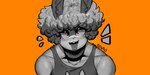 anthro clothing curled_hair hair half-closed_eyes male narrowed_eyes open_mouth open_smile orange_background shirt simple_background smile solo tank_top tongue tongue_out topwear eldiipiid harry_gray_(eldiipiid) lagomorph leporid mammal rabbit 2:1 hi_res monochrome