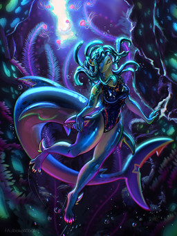 anthro bioluminescence blue_body blue_hair bubble cave claws clothing coral_reef female fin fingers glistening glistening_body glowing hair horn lipstick makeup markings sea sea_cave seaweed sharkeisha solo swimwear underwater underwater_scenery water bakas0baka anthozoan aquatic cnidarian coral fish jellyfish medusozoan shark 3:4 absurd_res hi_res