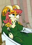 anthro bathing bathtub buckteeth ears_back eyebrows female gloop green_eyes green_slime gunge hair messy pivoted_ears red_hair slightly_chubby slightly_chubby_female slime smile solo teeth thick_eyebrows sebaku jelly-limos lagomorph leporid mammal rabbit absurd_res hi_res