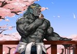 5_fingers abs anthro biceps big_muscles black_body black_fur blue_bottomwear blue_clothing blue_hair blue_pants blue_sky bottomwear cherry_blossom claws clothed clothing clothing_around_waist dessert eating fangs fingers flower food fur hair holding_food holding_object ice_cream male melanistic muscular muscular_anthro muscular_male nipples pants pecs petals pink_nipples plant prunus_(flower) railing sky solo teeth tongue tongue_out topless tree vein veiny_muscles whiskers traver009 lifewonders tokyo_afterschool_summoners krampus_(tas) felid mammal pantherine absurd_res hi_res