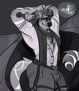 anthro belt clothed clothed_anthro clothing electronics facial_hair fully_clothed fully_clothed_anthro goatee hair hands_behind_head holding_microphone holding_object jacket male markings microphone pose scarf shirt smile solo star tail tail_markings teeth text three-quarter_view topwear melaisen romeo_(melaisen) felid mammal pantherine 2023 absurd_res artist_name digital_drawing_(artwork) digital_media_(artwork) english_description greyscale hi_res monochrome portrait three-quarter_portrait