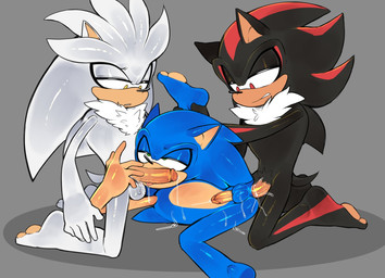 anal anal_penetration anthro arm_around_partner balls black_body blue_body bodily_fluids cum cum_in_ass cum_inside erection erection_while_penetrated feet fellatio fluffy fluffy_chest fur genital_fluids genitals glans green_eyes grey_background group holding_ankle holding_leg holding_leg_up humanoid_genitalia humanoid_penis kneeling kneeling_sex leaking_cum licking lying male male/male male_penetrated male_penetrating male_penetrating_male narrowed_eyes nude nude_male on_back oral penetration penile penile_penetration penis penis_in_ass penis_lick pubes raised_leg red_body red_eyes sex simple_background spitroast spread_legs spreading toes tongue tongue_out trio white_body white_fur yellow_eyes mayghely sega sonic_the_hedgehog_(series) shadow_the_hedgehog silver_the_hedgehog sonic_the_hedgehog eulipotyphlan hedgehog mammal 2026 digital_drawing_(artwork) digital_media_(artwork) hi_res