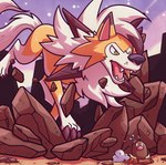 duo feral fur green_eyes male open_mouth orange_body orange_fur white_body white_fur almasy nintendo pokemon alolan_diglett alolan_form canid canine dusk_lycanroc generation_7_pokemon lycanroc mammal pokemon_(species) regional_form_(pokemon) hi_res