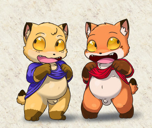 3_fingers 3_toes anthro balls biped black_eyebrows black_eyes black_nose blue_clothing blue_shirt blue_topwear bottomless bottomless_anthro bottomless_male brown_body brown_ear_tips brown_fur brown_tail brown_tail_tip cheek_tuft chest_tuft clothed clothed_anthro clothed_male clothing dipstick_ears dipstick_tail duo ear_markings eyebrows facial_tuft fangs feet fingers flaccid fur genitals glistening glistening_body glistening_eyes gloves_(marking) inner_ear_fluff leg_markings looking_away male male/male markings multicolored_body multicolored_ears multicolored_fur multicolored_tail navel open_mouth orange_body orange_fur orange_sclera orange_tail penis pink_inner_ear red_clothing red_shirt red_topwear shirt shirt_only simple_background slightly_chubby slightly_chubby_anthro slightly_chubby_male small_balls small_penis socks_(marking) standing tail tail_markings tan_balls tan_body tan_fur tan_inner_ear tan_penis teeth toes tongue topwear topwear_only tuft white_balls white_body white_fur white_inner_ear_fluff white_penis young young_anthro young_male lkiws canid canine fox mammal 2018 digital_drawing_(artwork) digital_media_(artwork)