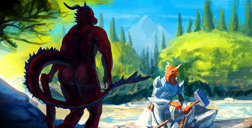 anthro armor butt cleric duo forest male nature nature_background nude plant river tail tree warhammer_(weapon) bexx dungeons_and_dragons hasbro wizards_of_the_coast bronze_dragonborn_(dnd) dragonborn_(dnd) red_dragonborn_(dnd) scalie absurd_res hi_res