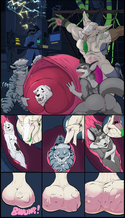 animal_genitalia animal_penis anthro anus balls big_balls big_penis blue_body blue_fur bound canine_genitalia canine_penis cock_vore fangs fur genitals grey_body grey_fur group huge_balls huge_penis hyper hyper_balls hyper_genitalia hyper_penis internal intersex knot mad_scientist male male/male maleherm muscular muscular_intersex muscular_male muscular_maleherm nipples nude nude_pred nude_prey penile penis sharp_teeth sound_effects teeth vore vulva white_body white_fur pandottermon canid canine canis felid lion mammal pantherine sergal tiger wolf absurd_res colored comic hi_res