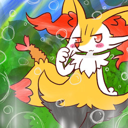 :3 ambiguous_anthro ambiguous_gender anthro biped blush bubble detailed_background digitigrade dipstick_tail featureless_crotch flat_chested food front_view hand_on_cheek looking_at_viewer markings object_in_tail outside shrimp_(food) snout solo standing tail tail_markings annyui0611 nintendo pokemon braixen canid generation_6_pokemon mammal pokemon_(species) 1:1 2022 digital_drawing_(artwork) digital_media_(artwork) hi_res japanese_description portrait three-quarter_portrait translated_description