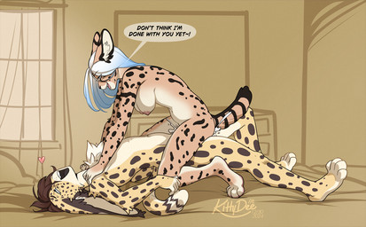 anthro arched_back bedroom blue_highlights bodily_fluids breasts brown_hair chest_tuft cowgirl_position cum cum_in_vagina cum_inside detailed_background dominant dominant_female female female_on_top from_front_position genital_fluids hair hand_on_chest heart_symbol highlights_(coloring) looking_at_another male male/female nipples nude on_bottom on_top open_mouth orgasm orgasm_face paws penetration sex smile speech_bubble tail text tuft vaginal vaginal_penetration kittydee rawaf felid feline mammal serval 2024 signature