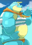 anthro belly blue_body clothing humanoid_hands kemono male outside overweight overweight_anthro overweight_male shirt solo swimwear topwear ayame42612 lifewonders tokyo_afterschool_summoners makara_(tas) crocodile crocodilian reptile scalie 2021 hi_res