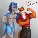 anthro duo flexing flexing_bicep gesture hand_gesture leaning_on_shoulder male manly muscular plantigrade pose smile tail thumbs_up allatir gergserg gerg_the_sergal mountain_aj canid canine fox mammal sergal 1:1 hi_res