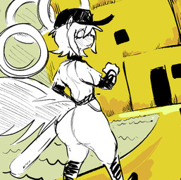 anthro bat_(object) butt clothing cosplay female fur hair hat headgear headwear solo scrambledeve off_(game) samantha_(bateryne) the_batter_(off) mammal mephitid skunk hi_res monochrome