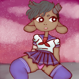 anthro biped bottomwear brown_body brown_fur clothed clothing female fur hair horn legwear looking_at_viewer open_mouth panties prosthetic prosthetic_arm prosthetic_limb shirt simple_background sitting skirt solo sunset teeth topwear underwear upskirt manitka manitka_storm bovid bovine cattle mammal 1:1 digital_media_(artwork) hi_res nonbinary_(lore)
