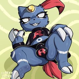 2_fingers 2_toes anthro anus anus_peek biped black_bottomwear black_clothing black_eyebrows black_nose black_shirt black_skirt black_thong black_topwear black_underwear blue_anus blue_body blue_fur bottomwear bulge claw_fingers claws clothed clothed_anthro clothed_male clothing crossdressing detailed_bulge eyebrows eyelashes feet fingers forehead_gem fully_clothed fully_clothed_anthro fully_clothed_male fur gem glistening glistening_clothing glistening_eyes glistening_underwear hand_on_knee hand_on_leg hand_on_own_knee hand_on_own_leg holding_object holding_pokeball leg_markings long_sleeve_shirt long_sleeves looking_at_viewer male male_anthro markings navel nipple_outline pokeball print_clothing print_shirt print_topwear print_underwear red_eyes red_tail sharp_teeth shirt skirt smile smiling_at_viewer solo spread_legs spreading tail teeth text thong toe_claws toes topwear underwear white_markings yellow_gem sharkysocks nintendo pokemon team_rocket generation_2_pokemon pokemon_(species) sneasel 1:1 2026 artist_name digital_media_(artwork) hi_res