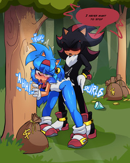 anthro armor big_butt black_body black_fur blue_body blue_fur blush bodily_fluids butt clothed clothing cum cum_in_vagina cum_inside cum_while_penetrated doggystyle duo female female_penetrated footwear forest forest_background forest_sex from_behind_position fur genital_fluids gloves green_eyes hair handwear headgear leotard male male/female male_penetrating male_penetrating_female moan money money_bag nature nature_background penetration plant sex shoes text tree xao_art falcom popful_mail sega sonic_the_hedgehog_(series) fan_character selena_the_popful_hedgehog shadow_the_hedgehog eulipotyphlan hedgehog mammal 4:5 absurd_res english_text hi_res