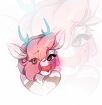 anthro antlers blep brown_body brown_fur eyelashes femboy fur hair hair_over_eye horn looking_at_viewer male markings one_eye_obstructed pink_eyes pink_hair simple_background solo tongue tongue_out white_background white_markings nenkoket calyx_forrester deer mammal absurd_res headshot_portrait hi_res portrait