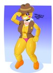 anthro black_eyes black_text clothing costume dialogue feet female machine orange_feet pink_clothing pink_underwear sheriff simple_background solo text underwear wild_west yellow_body laranxart five_nights_at_freddy's five_nights_at_freddy's_2 scottgames toy_chica_(fnaf) animatronic avian bird chicken galliform gallus_(genus) phasianid robot 2023 absurd_res digital_media_(artwork) english_text hi_res portrait three-quarter_portrait