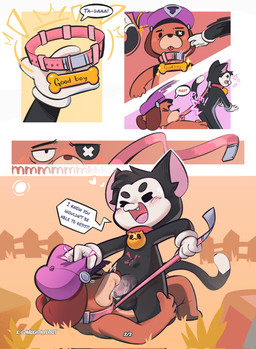 abdominal_bulge anal anal_penetration balls bdsm begging black_body black_fur bodily_fluids collar comic_panel cum cum_in_mouth cum_inside curious dialogue dominant duo fur genital_fluids genitals good_boy leash leash_pull leashed_collar looking_back male male/male mini_comic oral orange_body orange_fur penetration penis petplay roleplay shy sitting sitting_on_penis sky smile smirk standing submissive submissive_male text vein veiny_muscles naughty_ferret brawl_stars supercell_(company) colonel_ruffs_(brawl_stars) kit_(brawl_stars) canid canine domestic_cat felid feline felis mammal comic english_text hi_res multiple_scenes signature