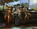 anthro building bulge butt car car_wash clothed clothing detailed_background flip_flops footwear furgonomics happy hose jockstrap male naughty_face parking_lot sandals shoes sign skimpy soap speedo sponge suds swimwear tail tail_clothing thong tongue tongue_out topless underwear vehicle water wet young young_anthro anonymous_artist dodge_(brand) aiden_(samwiding) sam_(samwiding) black-footed_ferret canid canine fox mammal mustelid musteline swift_fox true_fox true_musteline weasel