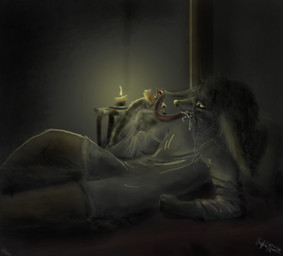 anthro bed big_ears bodily_fluids candle creepy dark duo female furniture hair imminent_vore insane larger_male licking long_hair lying male micro saliva size_difference smaller_female tongue tongue_out vore hierro_(artist) hierro canid canine canis mammal wolf 2016 hi_res