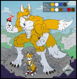 anthro belt big_ears black_border blue_eyes border brown_body brown_fur building building_destruction chaos_emerald claws clothing destruction fangs footwear fur gem gloves green_hill_zone growth handwear macro male male/male multi_tail muscle_growth muscular ruins shoes size_difference size_transformation solo tail teeth transformation vein white_body white_fur yellow_body yellow_fur pacheco sega sonic_the_hedgehog_(series) miles_prower canid canine fox mammal hi_res model_sheet