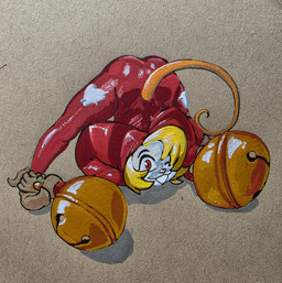 anthro ass_up bell blonde_hair clothing female fool's_hat fur hair hat headgear headwear jack-o'_pose jester pose red_eyes solo white_body white_fur drinkspaintwater belle_(drinkspaintwater) mammal mouse murid murine rodent absurd_res hi_res