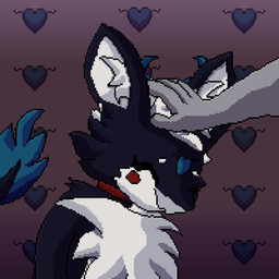 ambiguous_gender anthro biped black_body black_fur blue_horn collar duo eyes_closed fur grey_body grey_fur hair heart_symbol horn mouth_closed petting red_collar tail white_body white_fur white_hair lawealewd novabeast 1:1 2025 animated hi_res