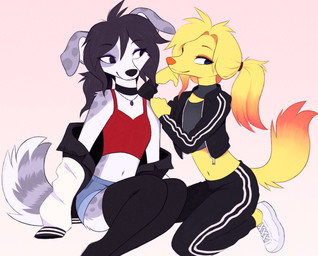 anthro biped bottomwear breasts butt clothed clothed_anthro clothed_female clothing countershade_torso countershading duo female fingers footwear front_view fully_clothed fully_clothed_anthro fully_clothed_female fur navel shoes simple_background sitting smile spots tail topwear aseethe canid canine canis domestic_dog mammal 2026 digital_drawing_(artwork) digital_media_(artwork)