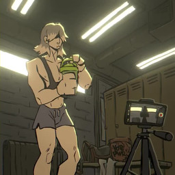 anthro beverage black_bottomwear black_clothing black_shirt black_shorts black_tank_top black_topwear bottomwear brown_body brown_fur bulge bursting_out_of_clothing claws clothed clothing crotch_tuft electronics exercise facial_piercing flexing flexing_bicep flexing_both_biceps fur grin growth hair hair_over_eye highlights_(coloring) human_to_anthro inside instant_transformation lip_piercing locker_room male multicolored_body multicolored_fur muscular muscular_anthro muscular_arms muscular_male naturally_censored navel nipple_piercing nipples nose_piercing nude nude_anthro phone phone_screen piercing potion protein_shake recording shirt shorts smile snout snout_growth solo species_transformation surprised tail tail_growth tank_top topwear torn_clothing transformation transformation_potion transformation_through_food tuft wardrobe_malfunction workout potvoheu2 canid canine canis coyote human mammal 1:1 2026 2d_animation animated frame_by_frame no_sound short_playtime video