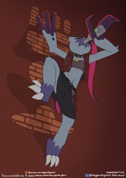 anthro big_claws biped black_bottomwear black_clothing black_skirt bottle bottomwear bra claws climbing clothing collar container drinking drinking_alcohol eyes_closed female female_anthro finger_claws fur grey_body grey_fur holding_bottle holding_container holding_object huge_claws multicolored_body multicolored_fur purple_body purple_fur red_clothing red_topwear red_vest scar scars_all_over skirt solo spiked_collar spikes text toe_claws topwear underwear vest the_gentle_giant nintendo pokemon generation_8_pokemon pokemon_(species) sneasler 2026 absurd_res digital_media_(artwork) english_text hi_res url