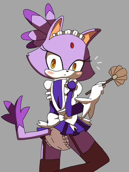 amber_eyes anthro apron ashnot93 blush bow_ribbon cleaning_tool clothing diaper dress feather_duster female forehead_gem frilly frilly_apron frilly_clothing frilly_diaper fur fur_tuft gem maid_headdress maid_uniform purple_body purple_fur rear_view solo tuft uniform white_body white_fur sega sonic_the_hedgehog_(series) blaze_the_cat domestic_cat felid feline felis mammal hi_res