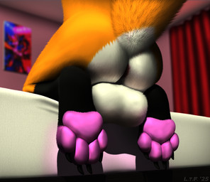 4_toes anthro anus balls bed bedroom big_balls big_butt black_claws blurred_background butt butt_focus butt_shot claws curtains detailed_background feet foot_focus fur furniture genitals hindpaw huge_balls low-angle_view male mattress on_bed pawpads paws pink_pawpads presenting raised_tail rear_view solo tail toes levi_the_fox_(artist) levi_(character) canid canine fox mammal digital_media_(artwork) hi_res