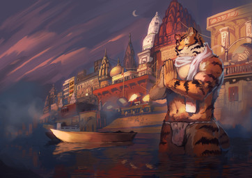 5_fingers anthro asian_clothing biceps black_nose bulge clothing detailed_background east_asian_clothing eyes_closed fingers fundoshi fur japanese_clothing kemono male markings moon muscular muscular_anthro muscular_male sky solo standing striped_body striped_fur striped_markings striped_tail stripes tail tail_markings underwear water lanoodles felid mammal pantherine tiger 2015