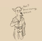 anthro belt bottomwear clothing dialogue dress_shirt exposed_chest fur hair looking_away male pants shirt smoking_pipe solo talking_to_another topwear unbuttoned_shirt froburr sherlock_hound_(series) sherlock_hound canid canine canis domestic_dog mammal 2020 monochrome sketch