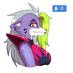 anthro breasts clothed clothing ear_piercing ear_ring eyeshadow female fur green_hair grey_body grey_fur grey_hair hair looking_at_viewer machine makeup multicolored_hair piercing purple_eyeshadow ring_piercing simple_background solo two_tone_hair elixir_(artist) five_nights_at_freddy's five_nights_at_freddy's:_security_breach scottgames steel_wool_studios roxanne_wolf animatronic canid canine canis mammal robot wolf 1:1 2021 hi_res