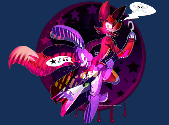 anthro duo electric_guitar guitar machine male musical_instrument plucked_string_instrument simple_background speech_bubble string_instrument transparent_background bombstaticz five_nights_at_freddy's scottgames bonnie_(fnaf) foxy_(fnaf) animatronic canid canine fox lagomorph leporid mammal rabbit robot 2016 absurd_res alpha_channel hi_res