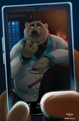 anthro belly big_belly black_nose blind blush cellphone clothed clothing detailed_background disability electronics humanoid_hands inside male overweight overweight_male phone smartphone solo white_body crustonpie bear mammal polar_bear ursine 2022 absurd_res hi_res