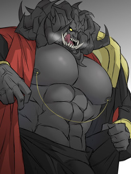1_eye abs anthro big_muscles big_pecs breath bulge clenched_teeth clothed clothing horn licking looking_at_viewer male muscular muscular_male nipple_piercing nipples open_mouth partially_clothed pecs piercing serratus sharp_teeth simple_background solo teeth tongue tongue_out topwear yellow_eyes wdp66281167 elden_ring fromsoftware mohg_lord_of_blood monster omen_(elden_ring) 3:4 digital_media_(artwork) hi_res