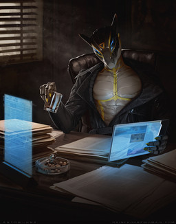 5_fingers accessory alcohol anthro beverage clothing coat computer cyberpunk desk document electronics fingers furniture glass hologram holographic laptop machine male office scales science_fiction screen solo synthetic table topwear whiskey hnz 0n1x android robot
